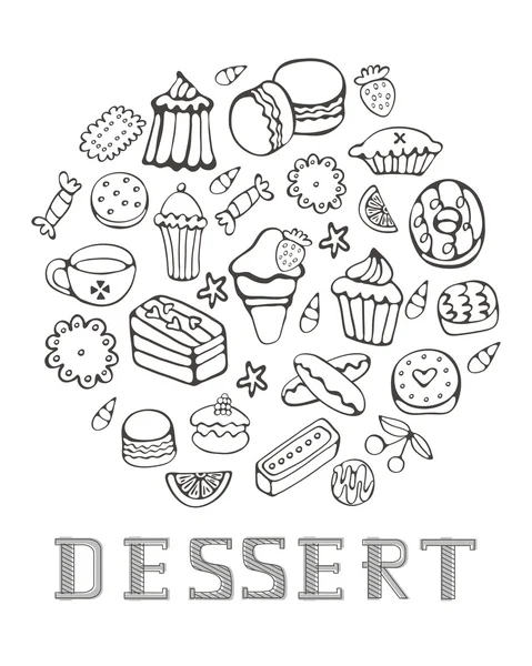 Мила колекція ручних намальованих цукерок та десертів — стоковий вектор