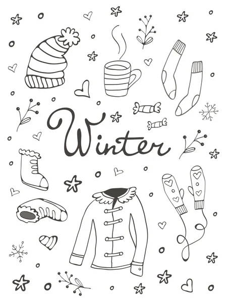 Collection of hand drawn winter related graphic elements — Stock Vector