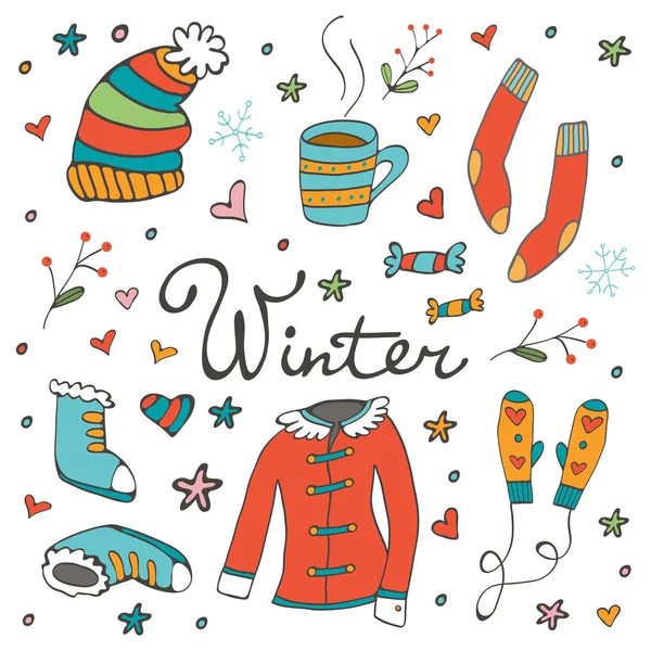 Coleção de inverno colorido desenhado à mão — Vetor de Stock