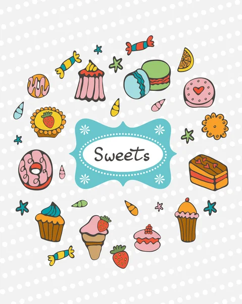 Niedliche Sammlung von handgezeichneten Süßigkeiten und Desserts — Stockvektor
