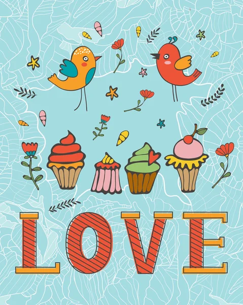 Αγαπούν την κάρτα έννοια με cupcakes και επιδόρπια — Διανυσματικό Αρχείο
