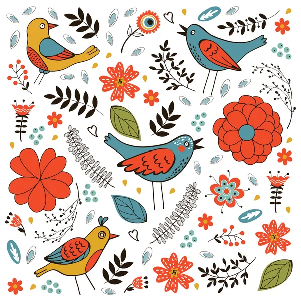 Κομψό σχέδιο με λουλούδια και πουλιά — Διανυσματικό Αρχείο