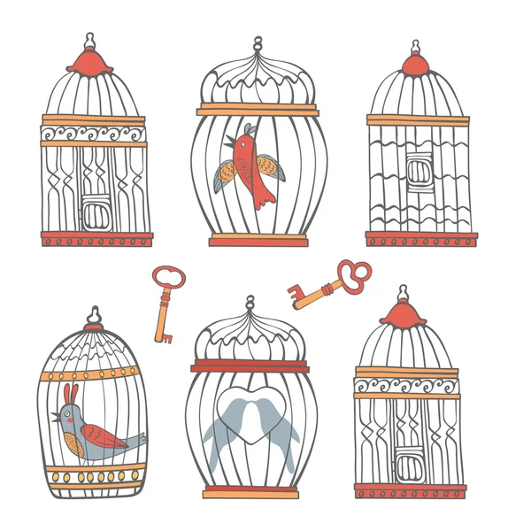 Beautiful collection of bird cages and little birds — Stock Vector