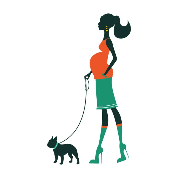 Belle silhouette femme avec bouledogue français — Image vectorielle