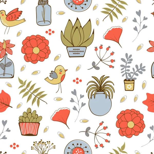 Patrón sin costuras con plantas aves hojas y flores — Vector de stock