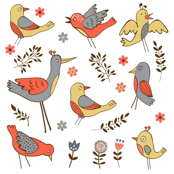 Linda colección de aves divertidas — Vector de stock