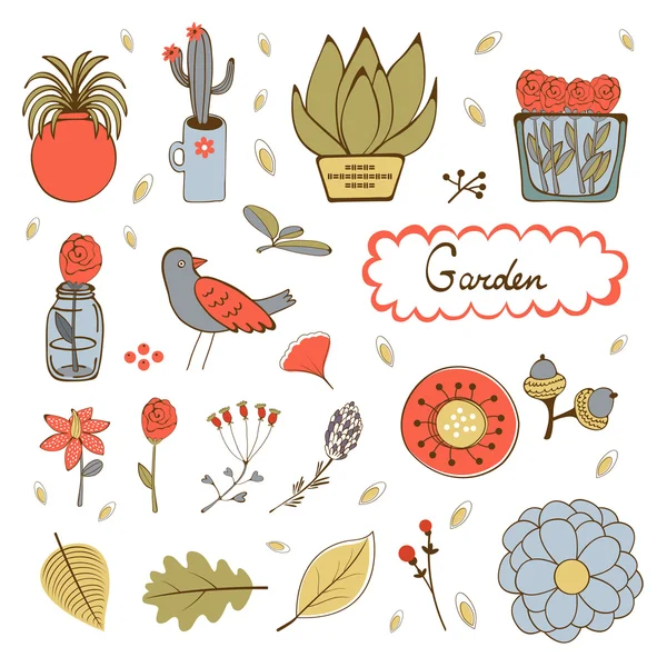집 식물, 꽃 및 twings의 귀여운 손으로 그린 컬렉션. — 스톡 벡터