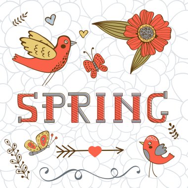 Zarif bahar kartı ile bir kelime Bahar, kuşlar, çiçekler ve kelebekler