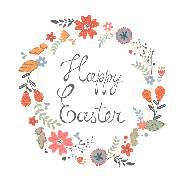 Hermosa tarjeta de Pascua feliz con corona floral — Vector de stock