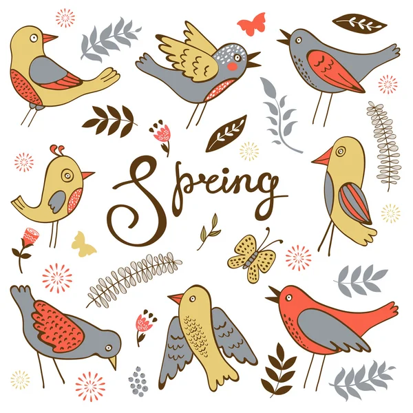 Spring collection with birds flowers and twigs - Stok Vektor