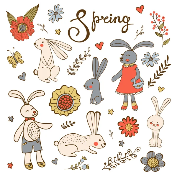 Linda colección dibujada a mano de conejos conejos y flores — Vector de stock