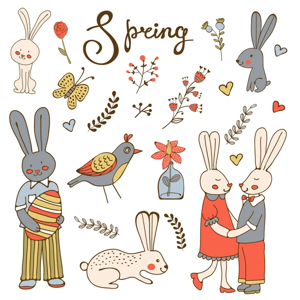 Ładny ręcznie rysowane kolekcja wiosna z królików i kwiaty — Wektor stockowy