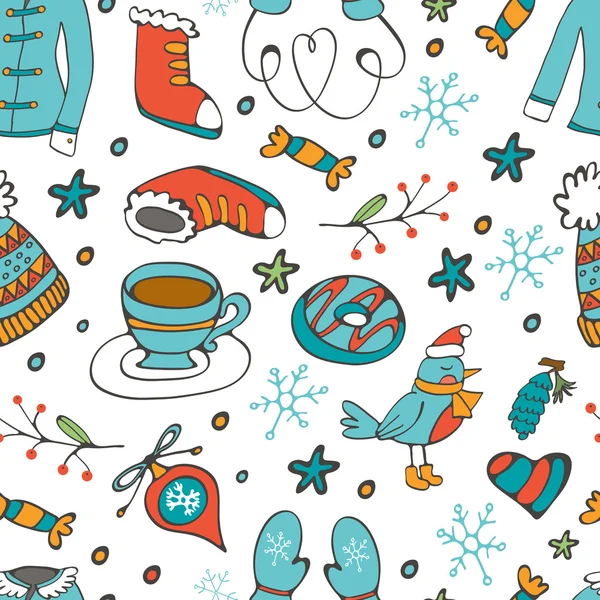 Colorful seamless pattern with winter related hand drawn elements — Stock Vector