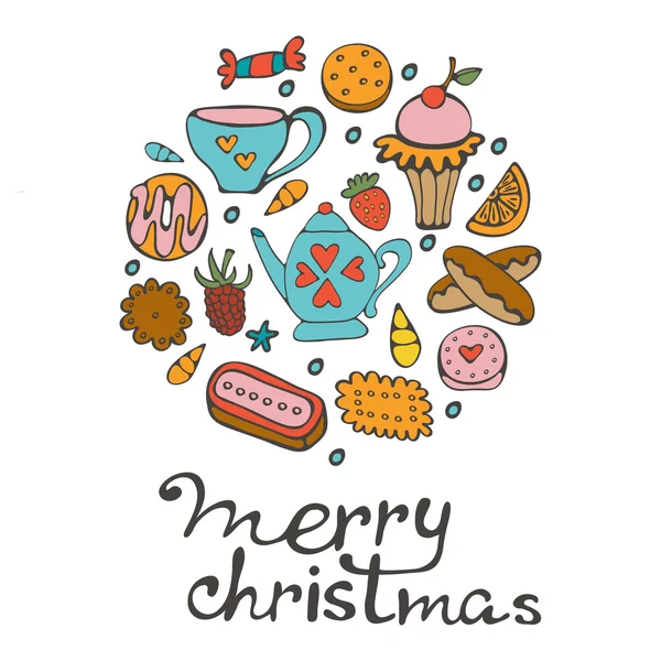 Merry Christmas card with hand drawn sweets and desserts — Stock Vector