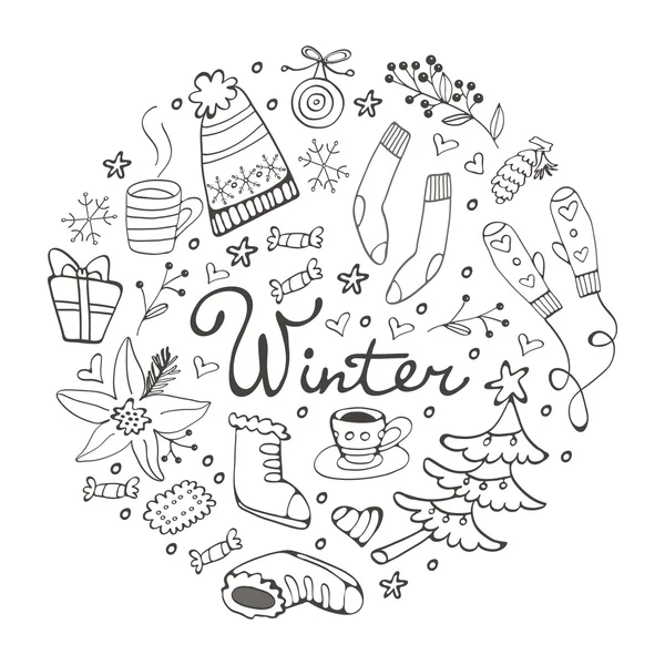 Coleção de inverno desenhada à mão colorida em composição redonda — Vetor de Stock