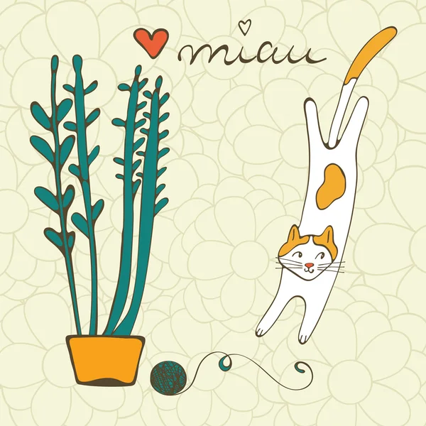 Bitki ve bir kedi ile yün top oynarken çizimi — Stok Vektör