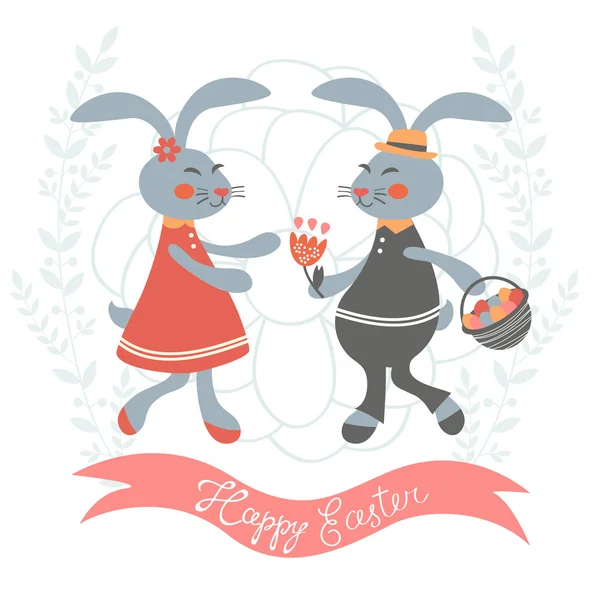 Tarjeta de Pascua con linda pareja de conejitos — Vector de stock