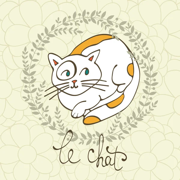 ภาพตัวละครแมวน่ารักที่มีตัวอักษรภาษาฝรั่งเศสของคําแมว Le Chat หมายถึงแมวในภาษาฝรั่งเศส — ภาพเวกเตอร์สต็อก