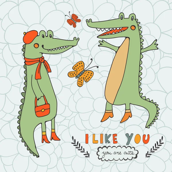 I like you. You are cute. Beautiful card with hand drawn crocodile characters. — Stock Vector