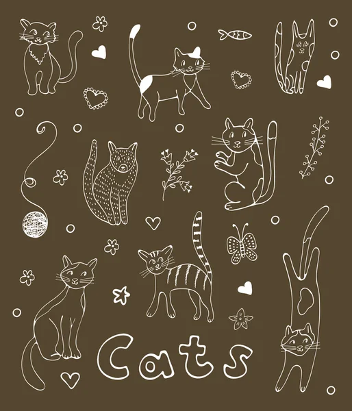 Elle çizilmiş kedi kümesi. Siyah beyaz siluetleri — Stok Vektör