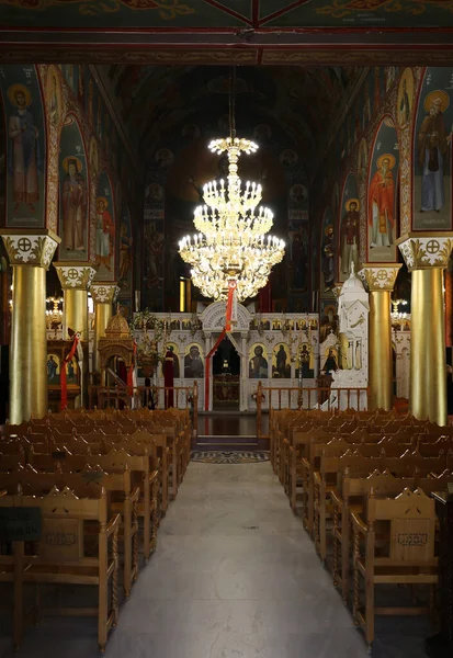 Kos Řecko Květen Uvnitř Řecké Ortodoxní Církve Velkým Lustrem Prázdnými — Stock fotografie