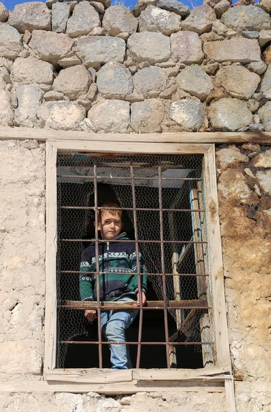 Nigde Turkey January Unidentified Boy Looking Out Window Old House — Stock Photo, Image