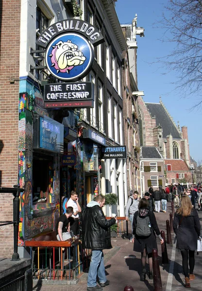 Amsterdam Nederländerna Mars Bulldog First Coffeeshop Och Kunder Mars 2014 Stockfoto