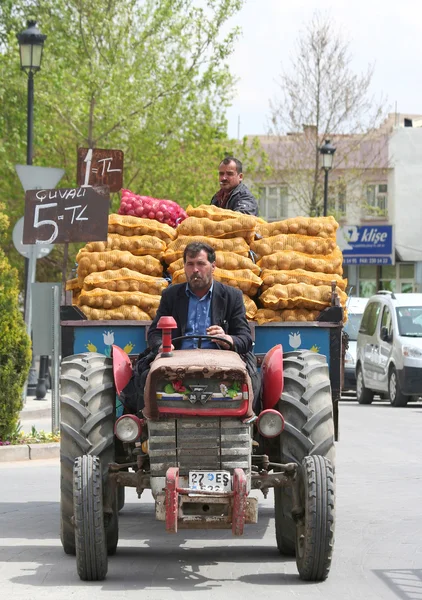 Ragazzi che vendono sacchi di patate e cipolle sul trattore — Foto Stock