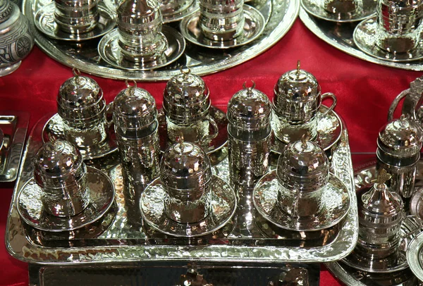 Ručně vyráběné stříbrné turecké kávy šálek Set — Stock fotografie