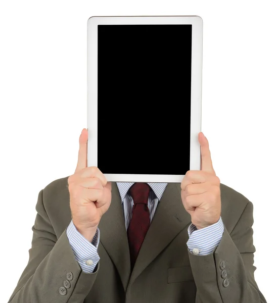 Businessman holding  tablet pc in  front of face — Stock Photo, Image