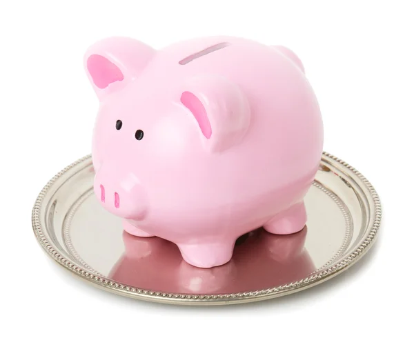 Piggy bank egy ezüst tálca — Stock Fotó