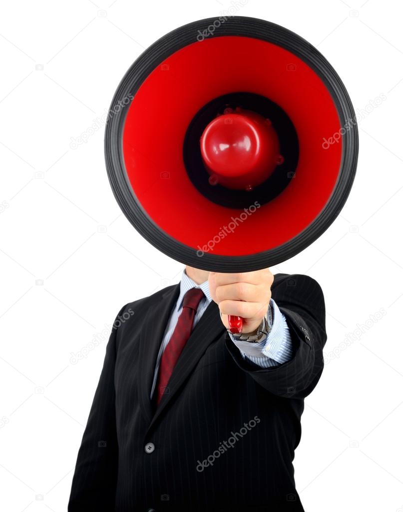 Businessman with a very large megaphone