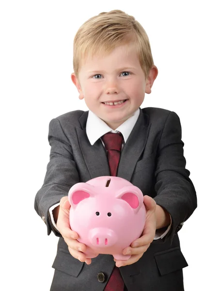 Chico holding piggybank — Foto de Stock