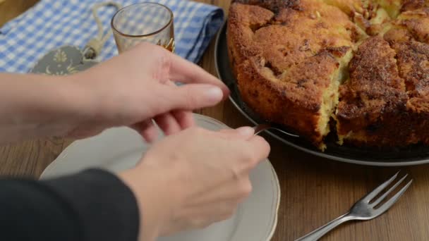 Кусок свежего яблочного пирога подается на тарелке . — стоковое видео