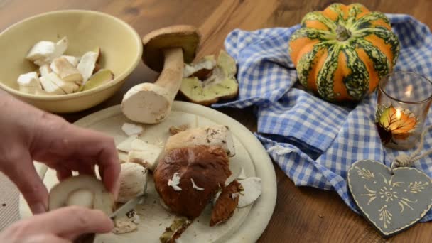 Limpieza de bollo de centavo setas con cuchillo para cocinar una comida . — Vídeo de stock