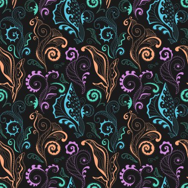 Sihirli çiçekler ve yapraklarla kusursuz desen. Çizgili çiçek çizimi. Eps10 vektörü.