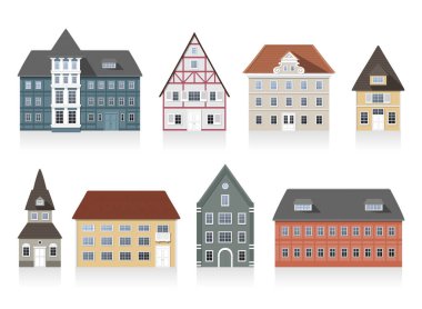 Set - küçük eski sokaklardan sıcak evler. Binaların siluetleri. Şehir manzarası. Vektör illüstrasyonu.