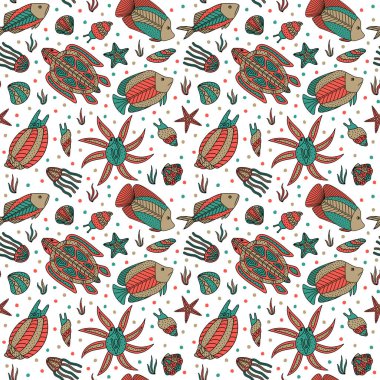 Seamless pattern with magic sea creatures. Floral drawing with line-art. Eps10 vector. clipart