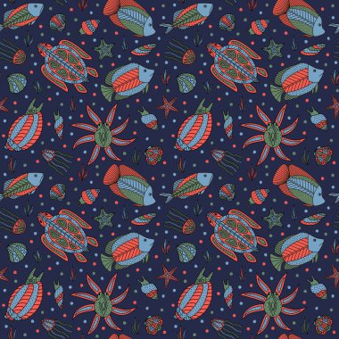 Sihirli deniz yaratıklarıyla kusursuz bir düzen. Çizgili çiçek çizimi. Eps10 vektörü.