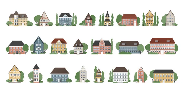 Acogedoras Casas Pequeñas Calles Antiguas Siluetas Edificios Paisaje Urbano Ilustración — Vector de stock