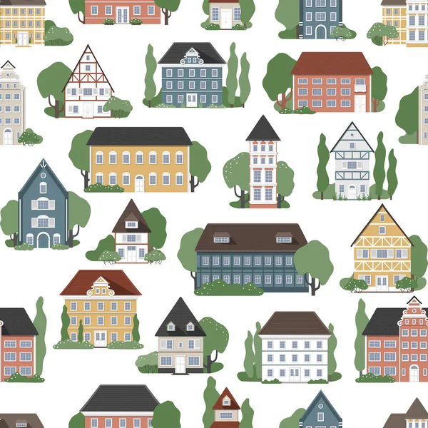 Seamless Texture Cozy Houses Small Old Streets Silhouettes Buildings Urban — Stock Vector