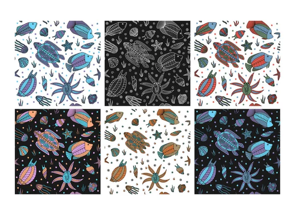 Nahtloses Muster Mit Magischen Meeresbewohnern Florale Zeichnung Mit Linienkunst Eps10 — Stockvektor