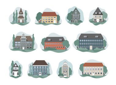 Set - küçük eski sokaklardan sıcak evler. Binaların siluetleri. Şehir manzarası. Vektör illüstrasyonu.