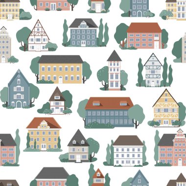 Küçük eski sokaklardan rahat evleri olan pürüzsüz bir doku. Binaların siluetleri. Şehir manzarası. 10 vektör illüstrasyonu.