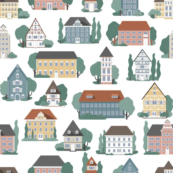 Seamless Texture Cozy Houses Small Old Streets Silhouettes Buildings Urban — Stock Vector