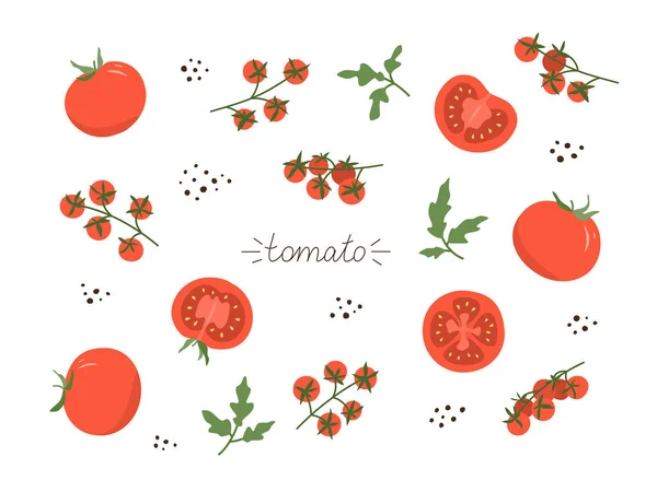 Conjunto Tomates Frescos Jugosos Conjunto Contiene Tomates Tomates Cherry Enteros — Vector de stock