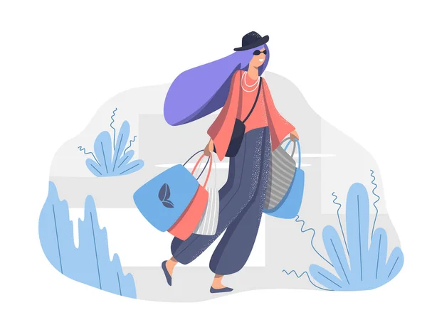 Una Hermosa Joven Caminando Con Montón Bolsas Compras Mujer Feliz — Vector de stock