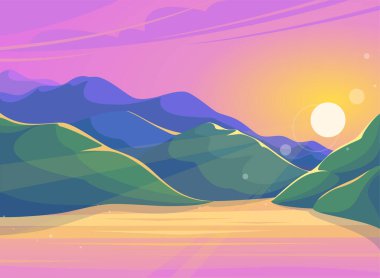 Akşam manzarası - dağlarda gün batımı. Gün batımında dağ gölü. Düz çizgi film renkli illüstrasyon - eps10 vektörü.