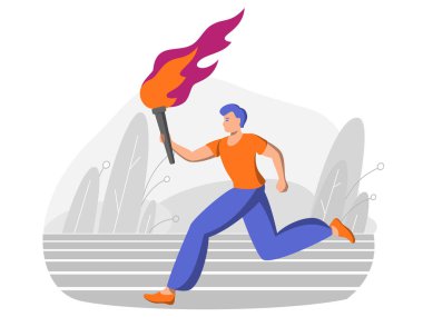 Genç erkek koşucu ateşle meşale taşıyor. Spor oyunları, yarışmada zafer. Barışçıl ateş özgürlüğün, zaferin ve bilginin, adaletin sembolüdür. Düz çizgi film vektör çizimi.