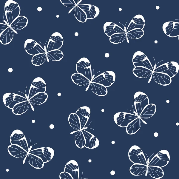 白色的蝴蝶蓝色无缝纹理与蝴蝶 用线条画的纺织品 服装的质地 手绘矢量图解 — 图库矢量图片